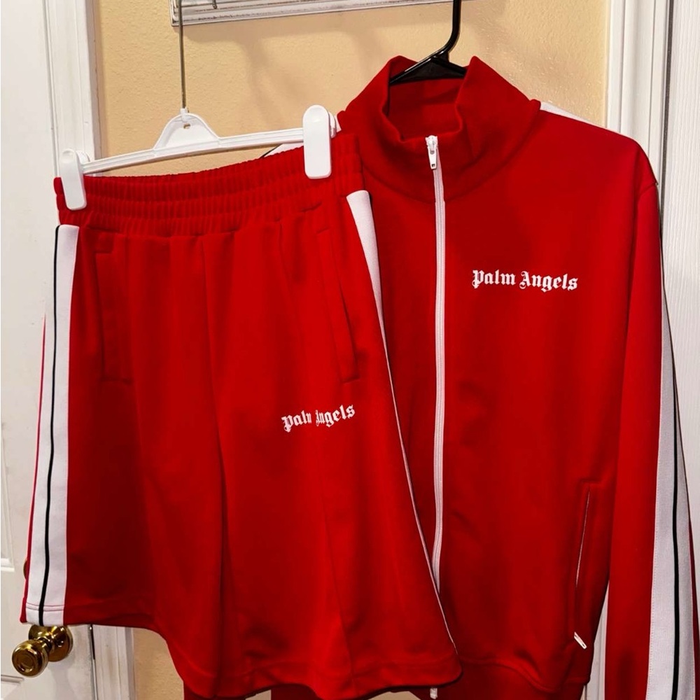 Palm Angels Red Track Jacket and Shorts Set